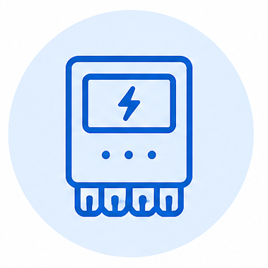 Blue electric meter icon with lightning bolt symbol inside a light blue circle background.