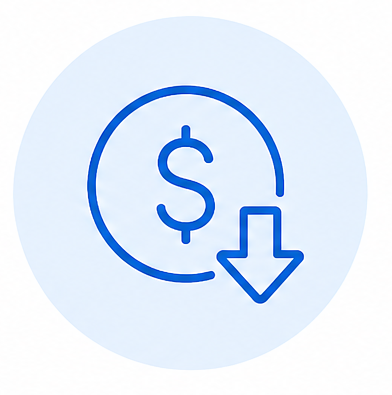 Blue dollar symbol with circular arrow and downward arrow indicating savings or cost reduction.