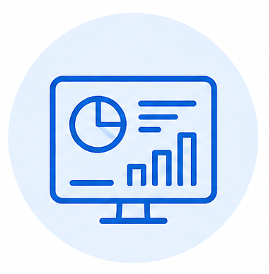 Computer monitor displaying a pie chart and ascending bar graph with lines of text.