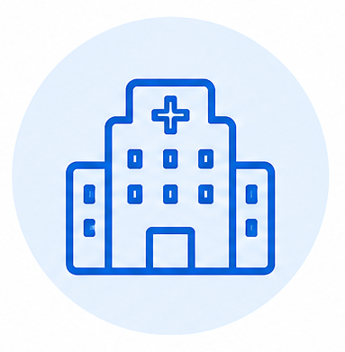 Blue line icon of a hospital building with a medical cross on top inside a blue circle.
