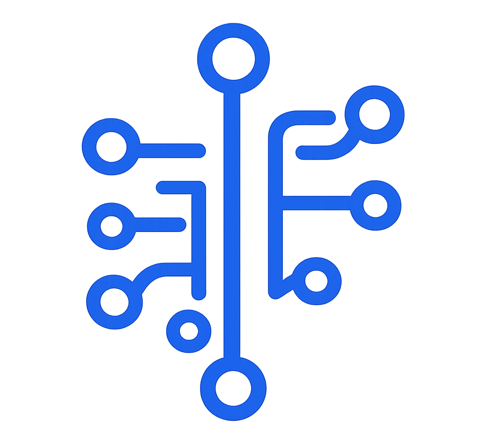 Blue circuit board lines with circular nodes on a black background.
