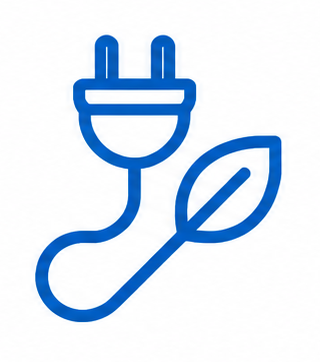Blue electric plug with cord ending in a leaf symbolizing eco-friendly energy.