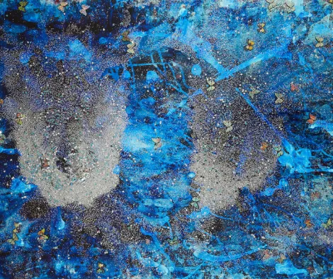 Abstract painting with textured silver and blue patterns resembling two footprints over a splattered blue background.
