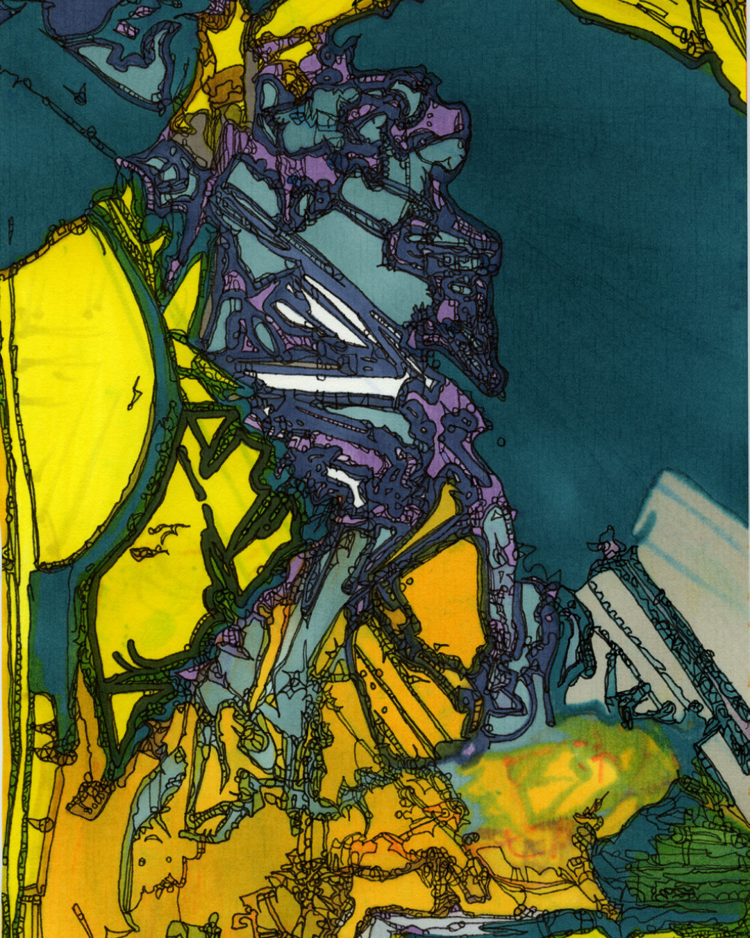 Abstract colorful illustration with intricate black line patterns over yellow, blue, purple, and green shapes.