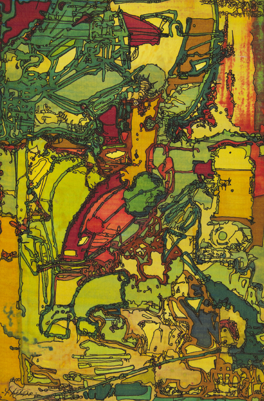 Abstract artwork with intricate, interwoven green, yellow, red, and orange shapes outlined in black.