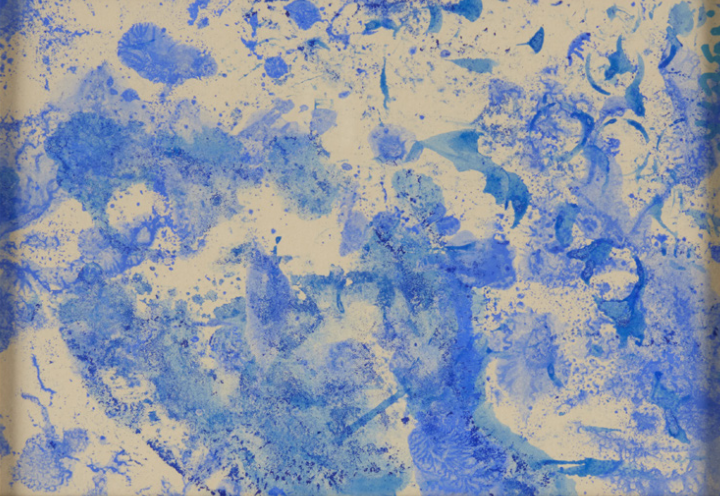 Abstract painting with textured layers of blue and white paint creating an impression of swirling patterns and lines.