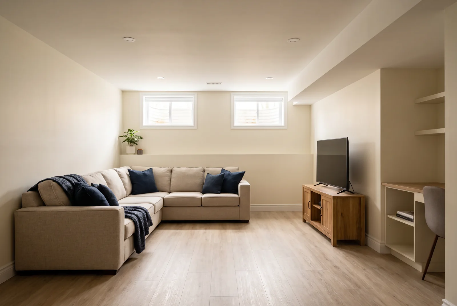 Basement family room and work nook design concept
