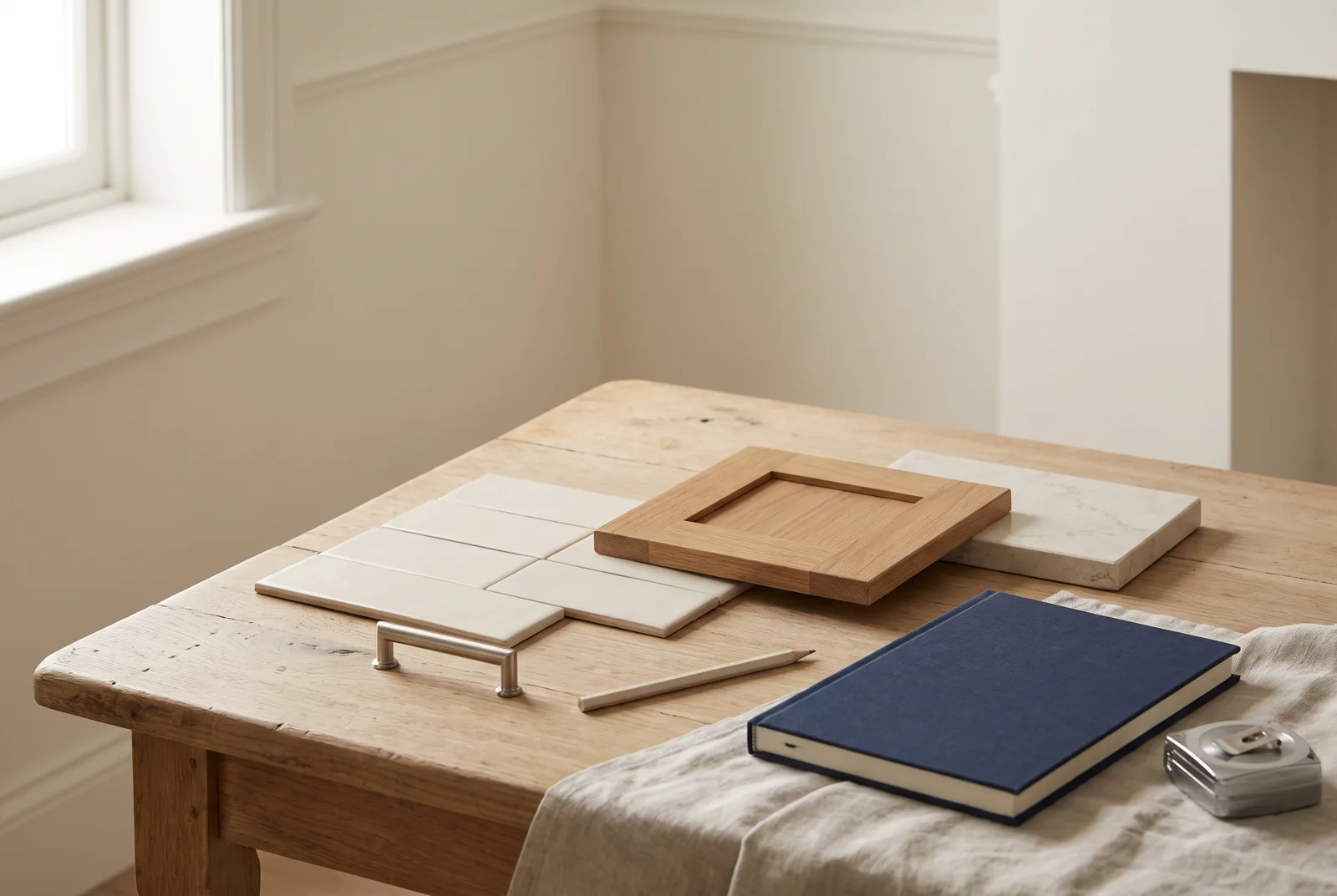 Planning concept with oak, tile and stone samples beside a navy notebook
