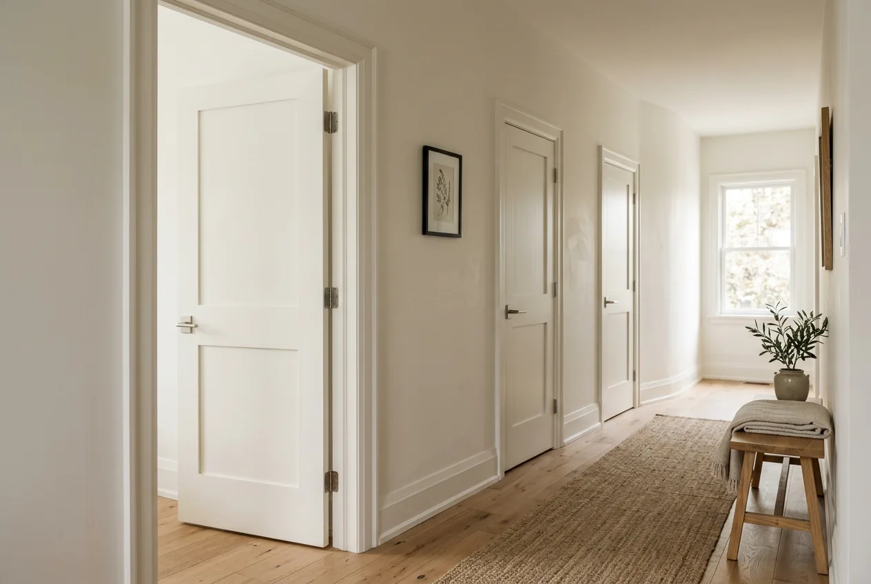 Coordinated interior-door design concept with matching panel doors along a hallway.