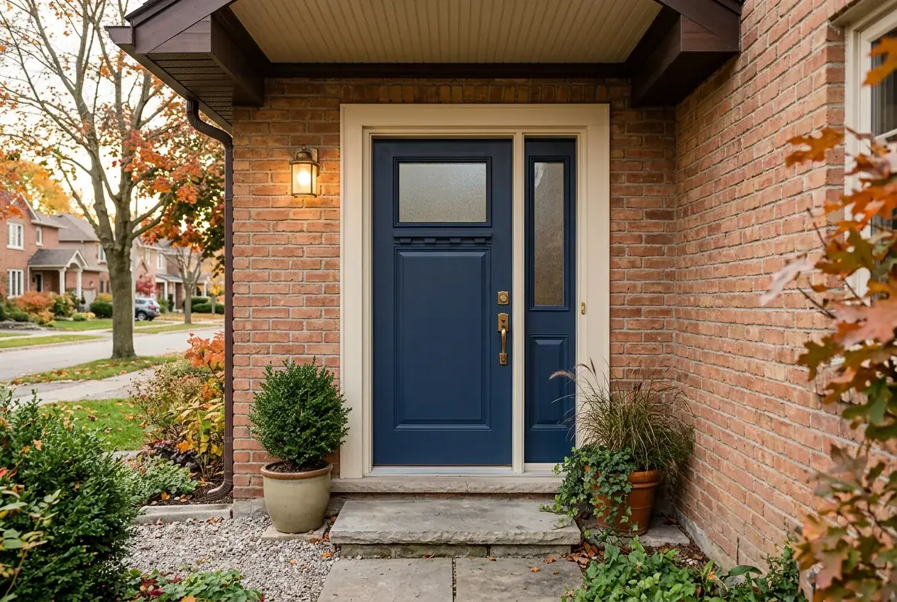 Exterior door design concept showing a navy entrance in a warm brick home.