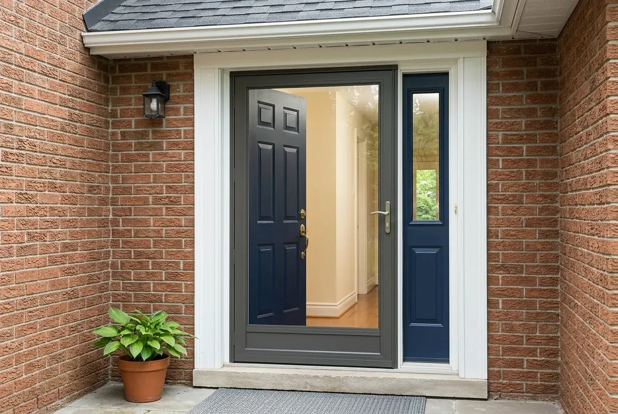 Entrance design concept illustrating a storm door and main entry as separate assemblies.