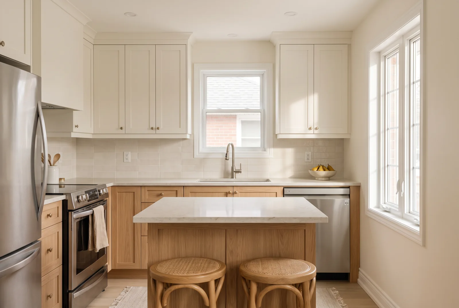 Kitchen design concept with oak cabinetry and a compact island