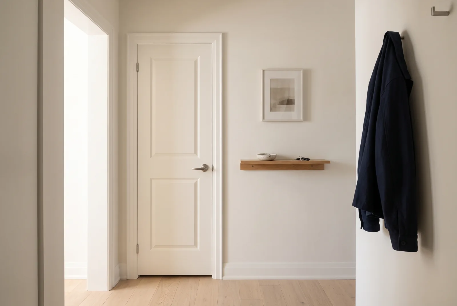 Home-finish design concept with fitted door, trim and shelving