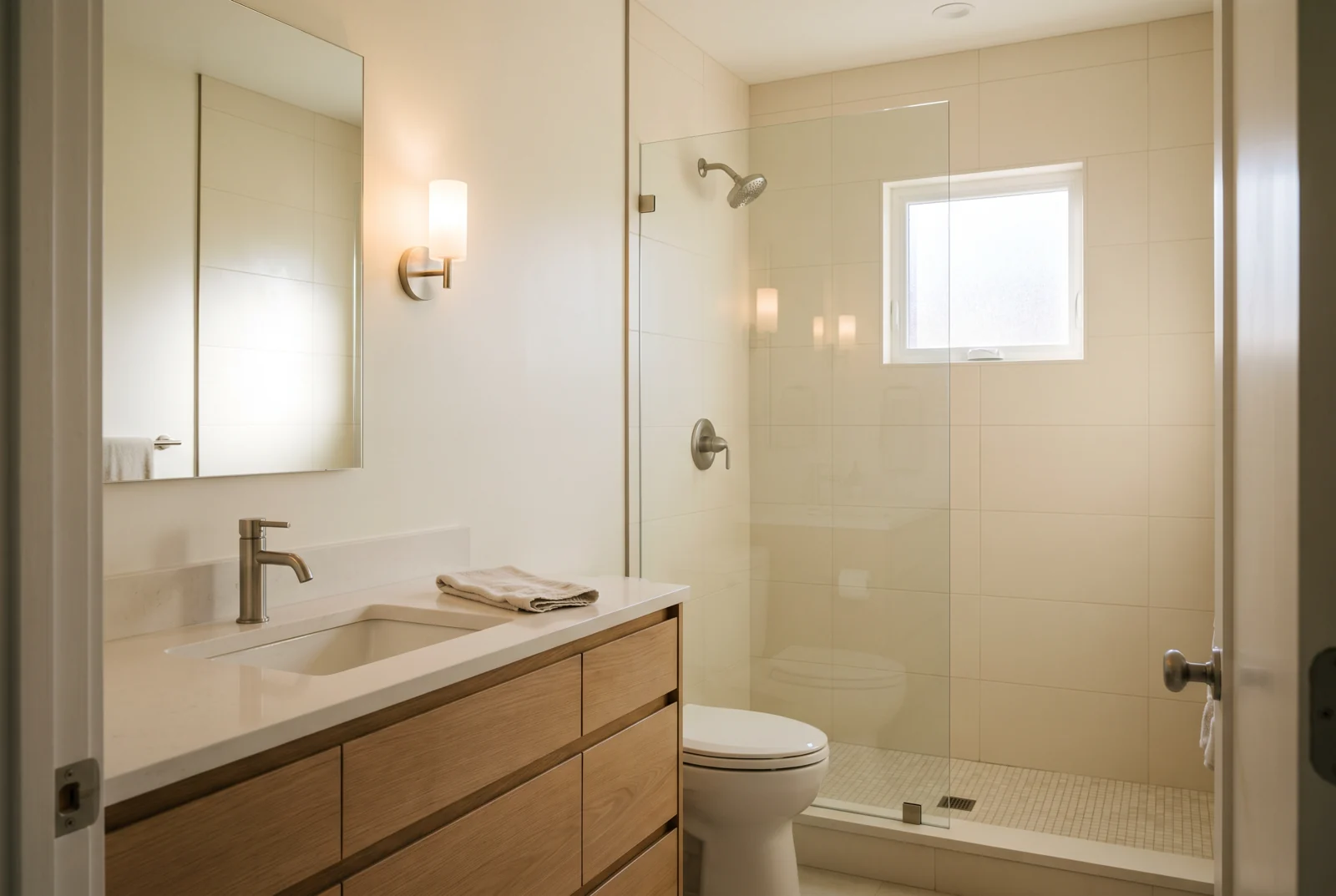 Bathroom design concept with a vanity and glass shower