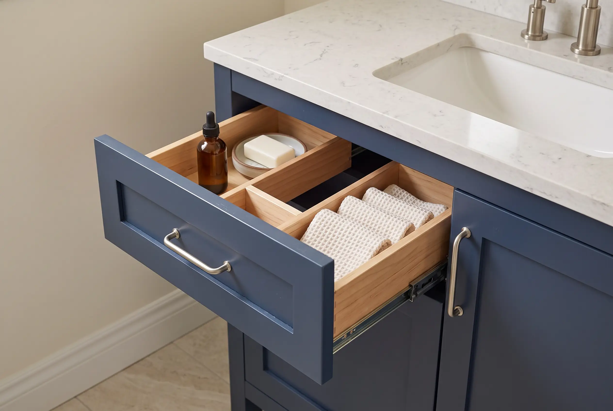 Vanity storage design concept with a navy drawer, timber organizer and brushed nickel hardware
