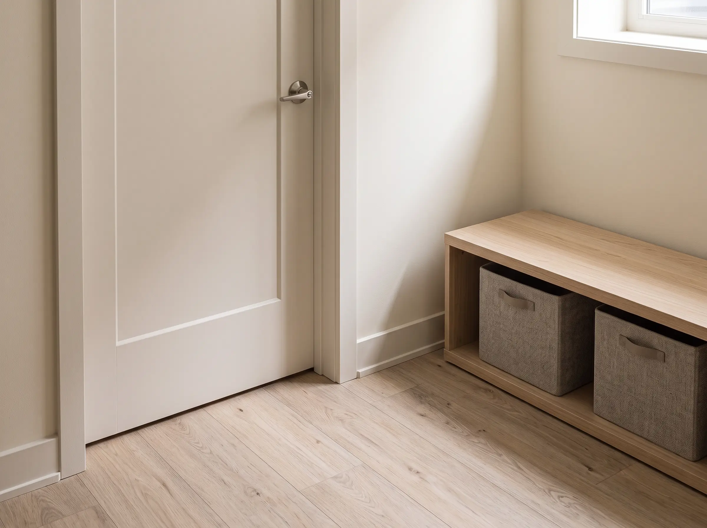Basement finishing concept showing floor and trim transitions beside a utility-room door