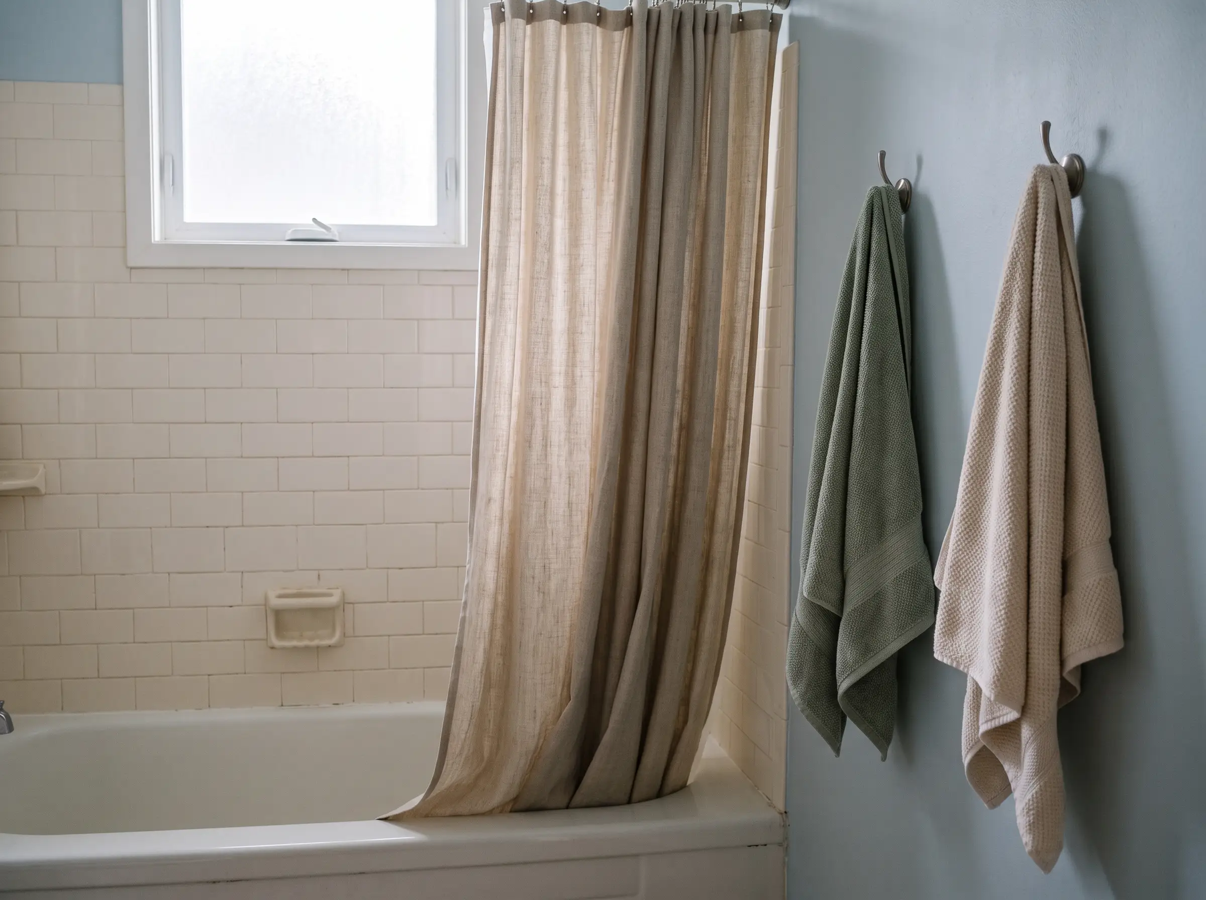 Bathroom routine design detail with a bathtub, shower curtain and towels