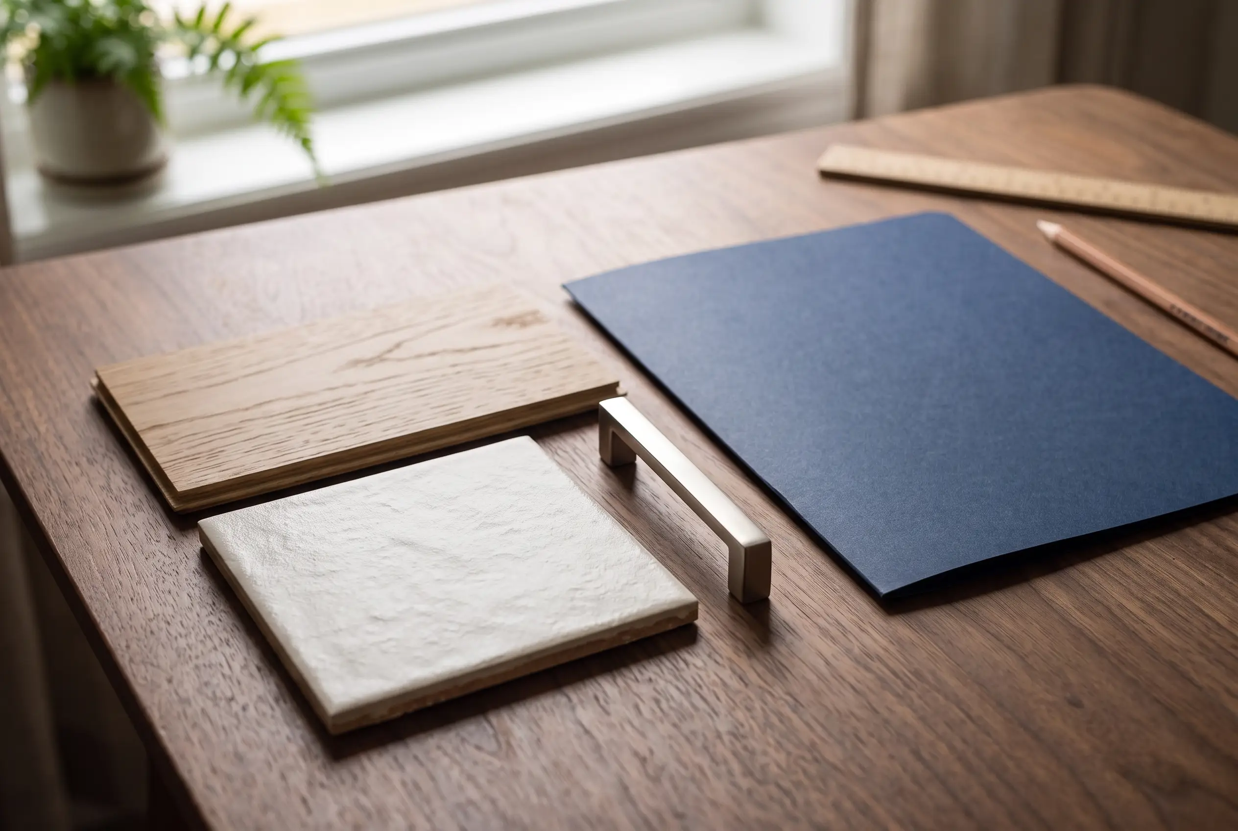Specification-planning concept with a tile, oak finish and brushed metal cabinet pull