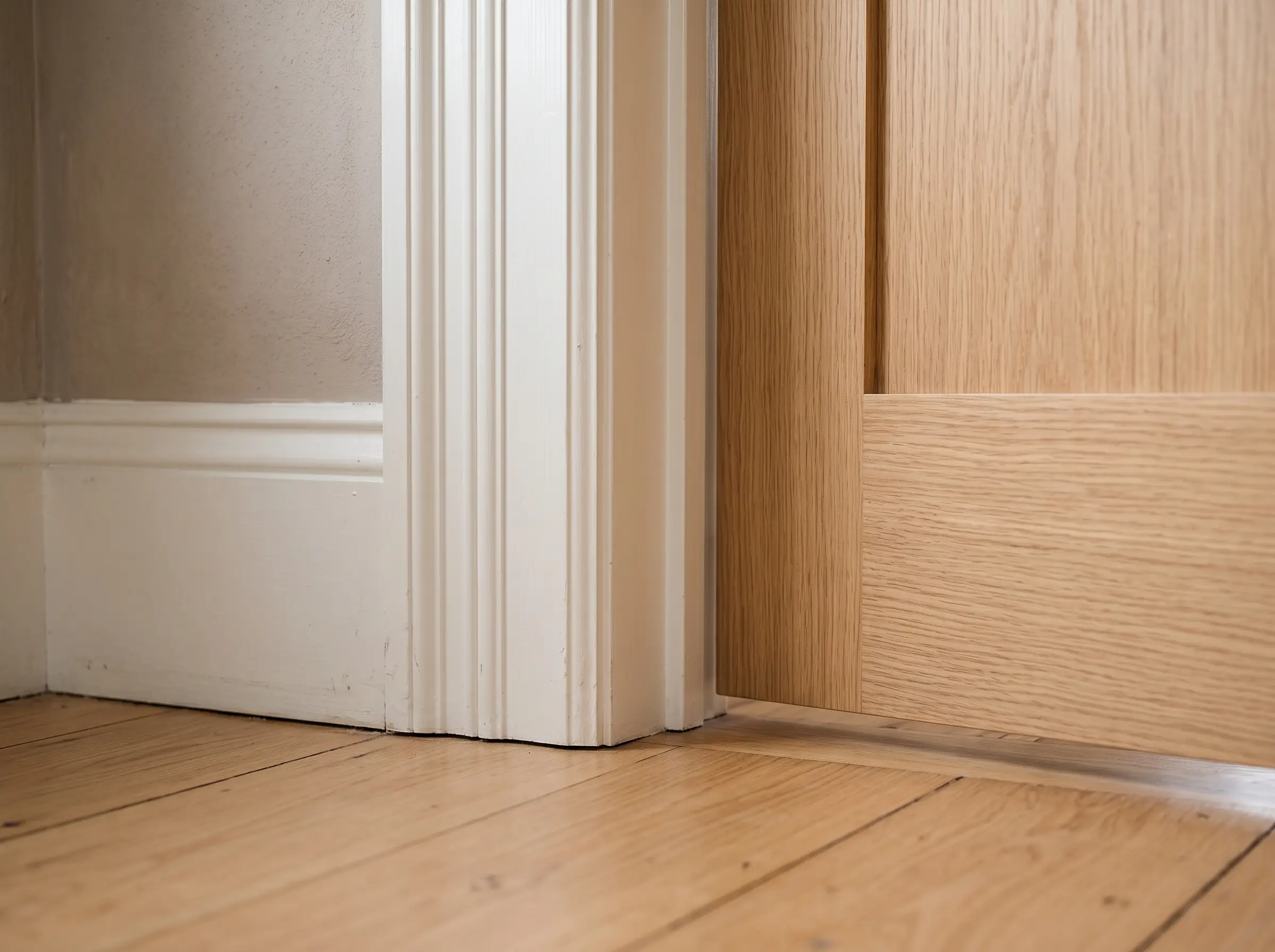 Interior doorway design concept showing casing, skirting and floor finishes around an oak door