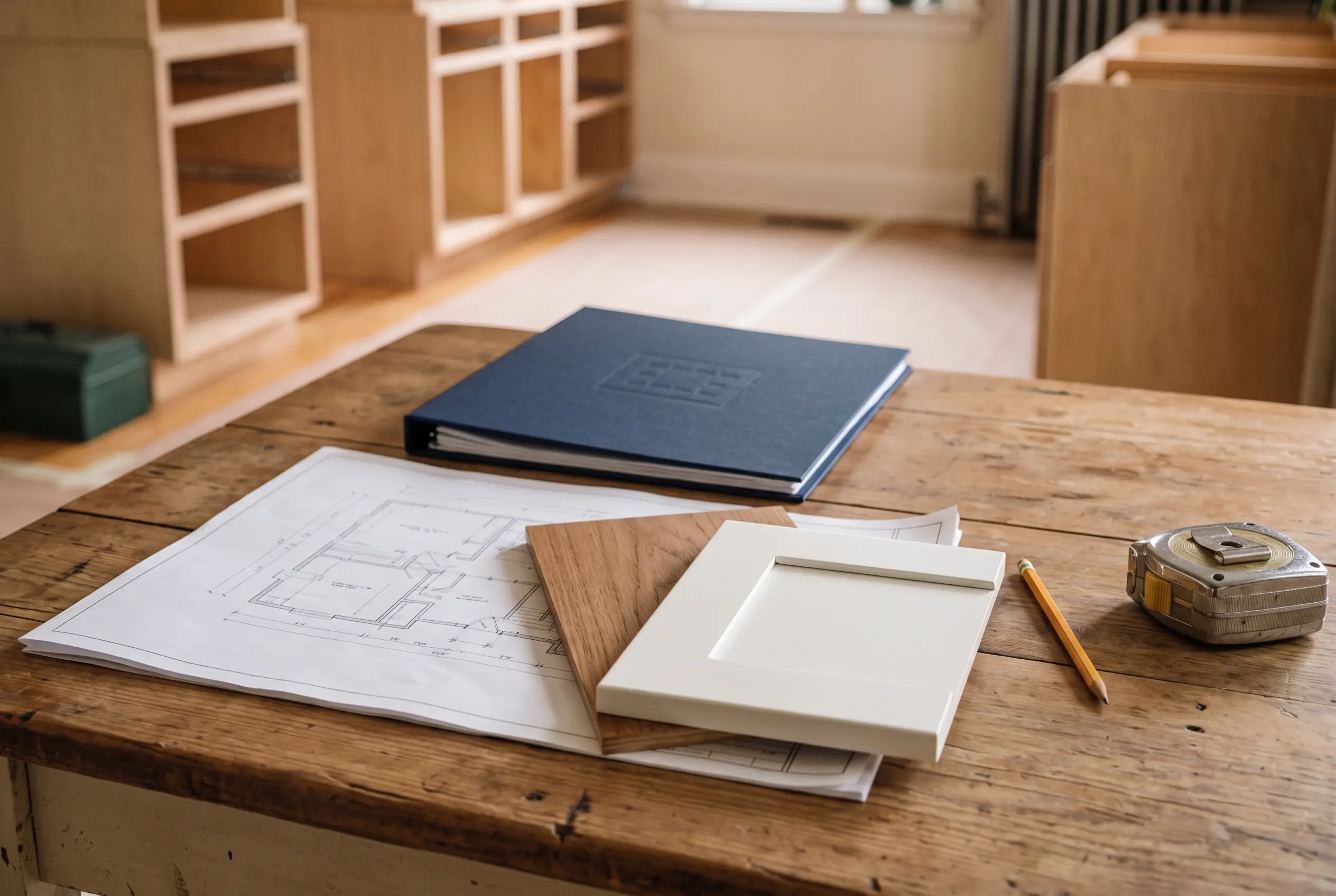 Renovation planning concept with a floor plan, navy folder and connected finish selections