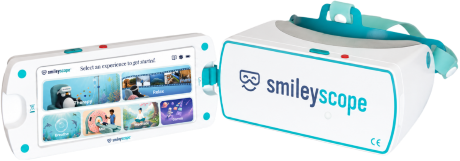 The Smileyscope VR headset showing the experiences on the left. It's white and blue