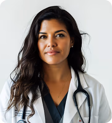Confident female doctor with long dark hair wearing a white coat and stethoscope.