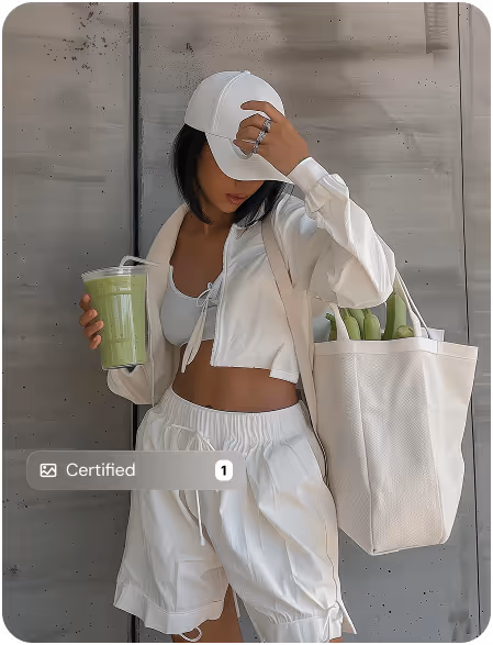 Woman dressed in white activewear and cap holding a green smoothie and a white tote bag filled with green bananas.