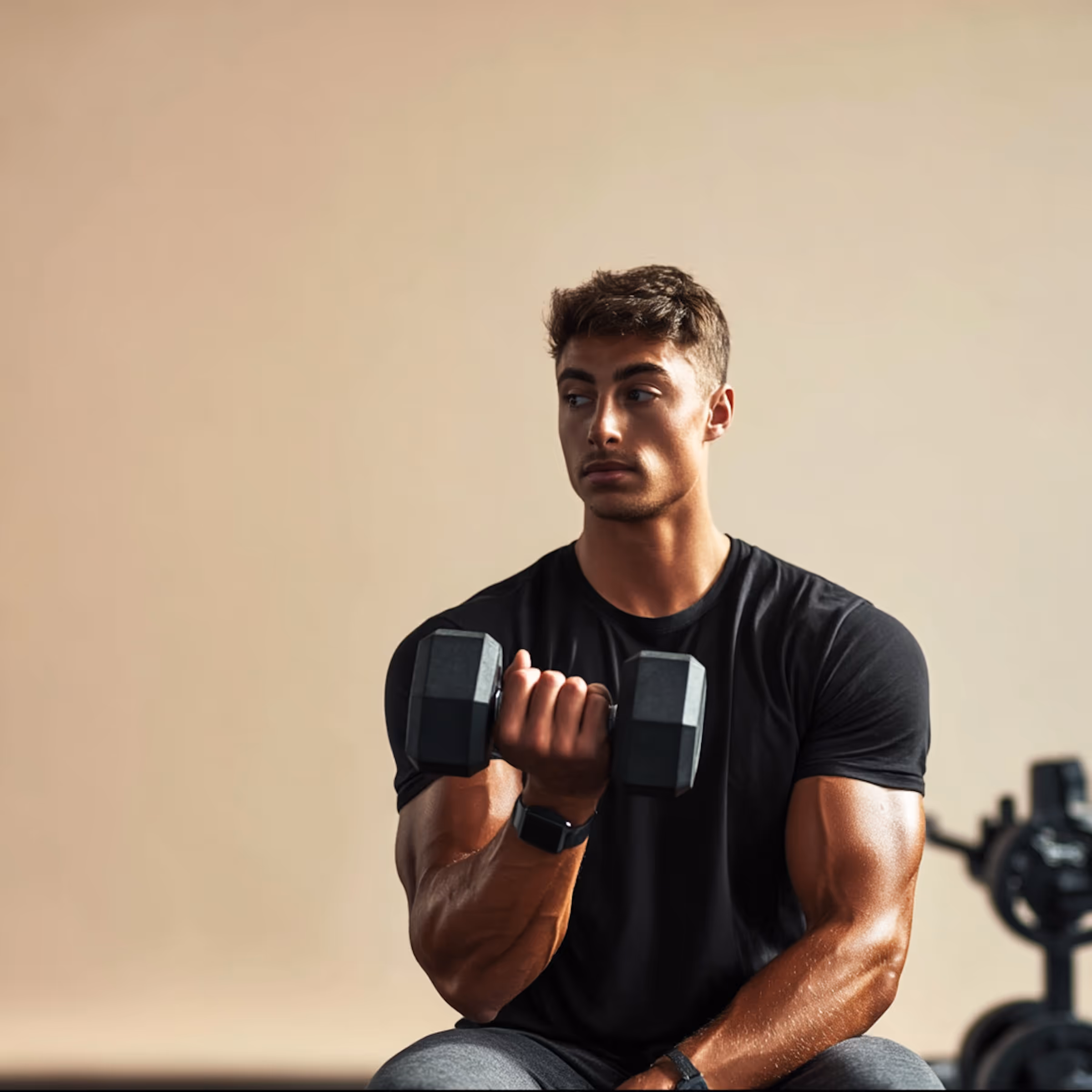 Muscular man in a black t-shirt lifting a dumbbell while seated with gym equipment in the background.