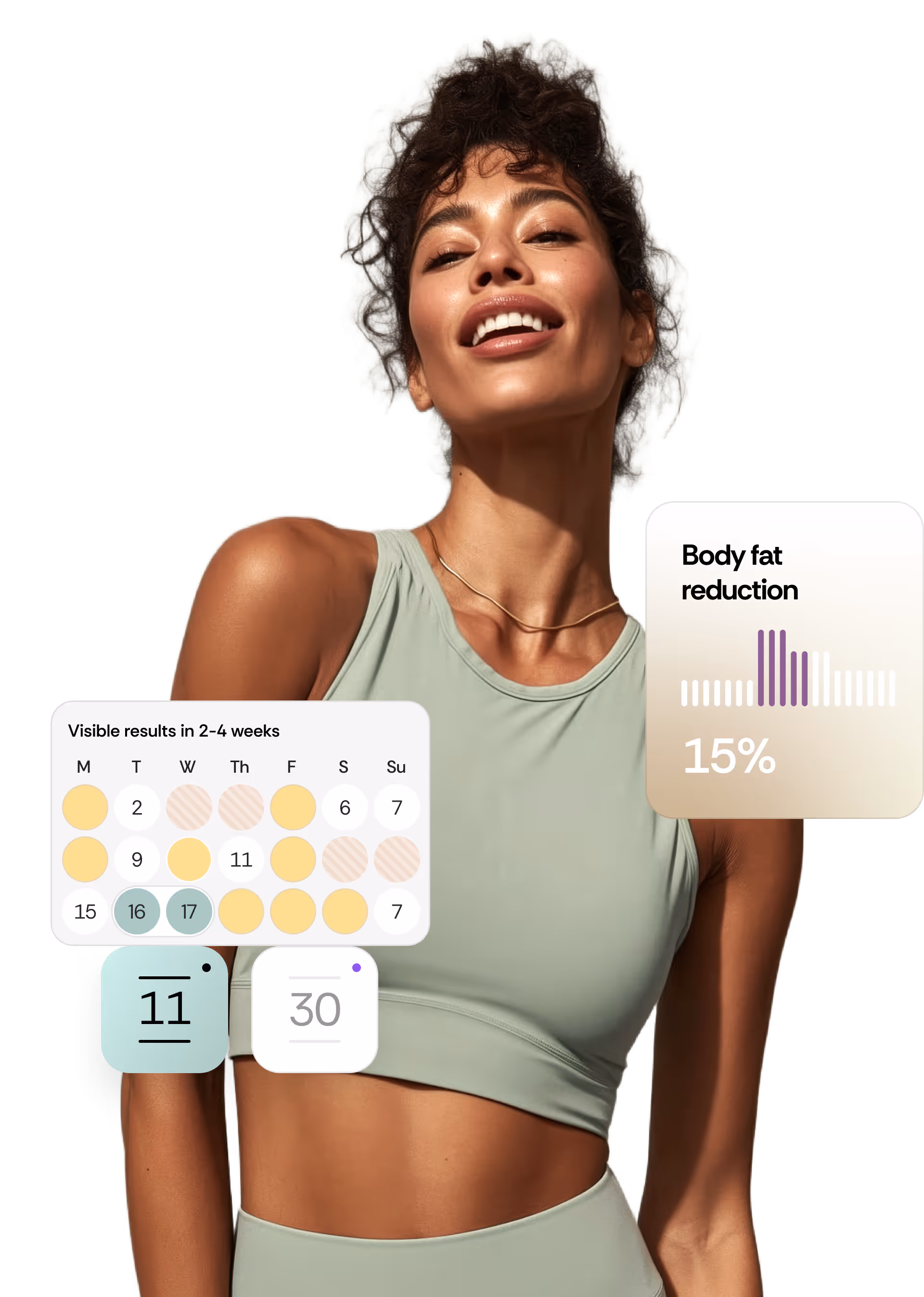 Smiling woman in light green workout outfit with overlays showing a calendar marked for visible results in 2–4 weeks and body fat reduction of 15%.