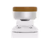Small clear glass vial with a gold-colored cap on a white surface.