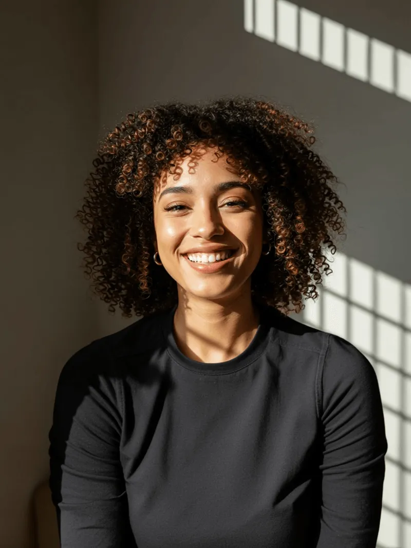 A woman with curly hair smiling for the camera.