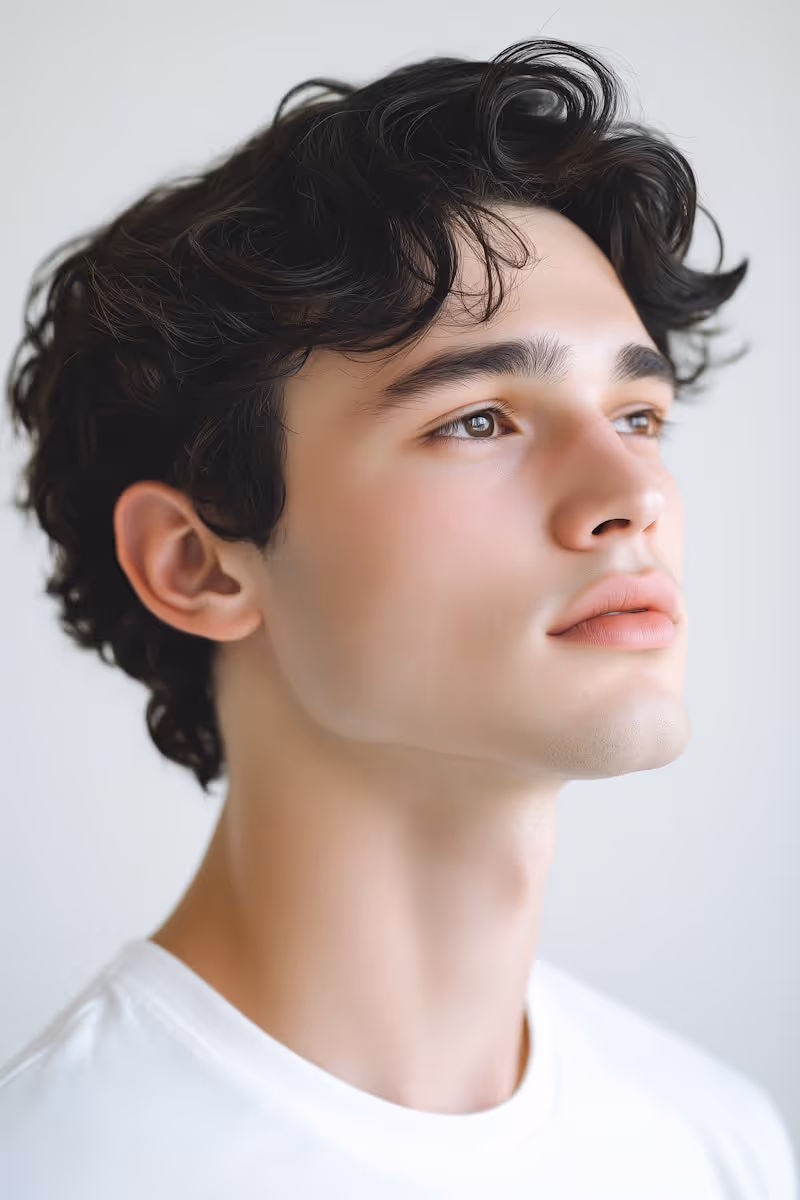 Portrait of a young man with curly dark hair looking contemplatively to the side against a light background.