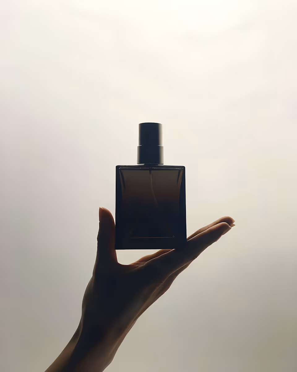 Silhouette of a hand holding a square perfume bottle against a light background.