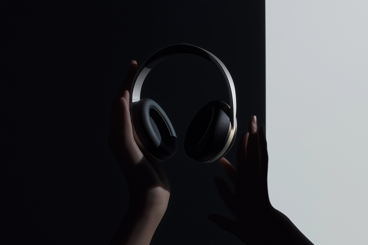 Two hands holding a pair of modern black over-ear headphones against a dark and light split background.