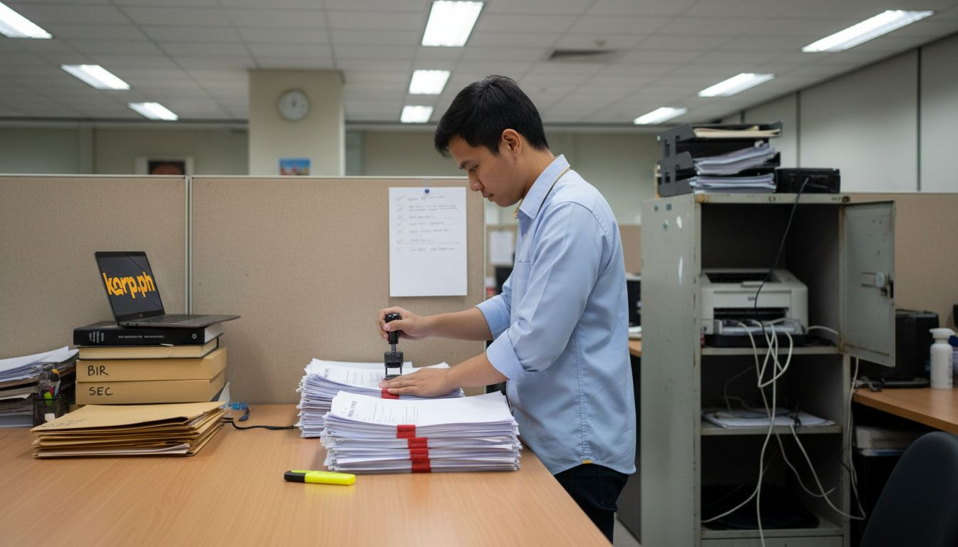 Assistant preparing business registration documents