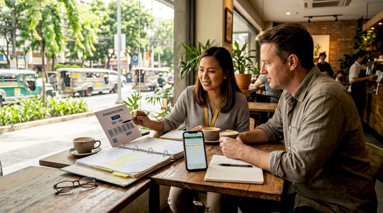 Business consultant explaining structure options in café