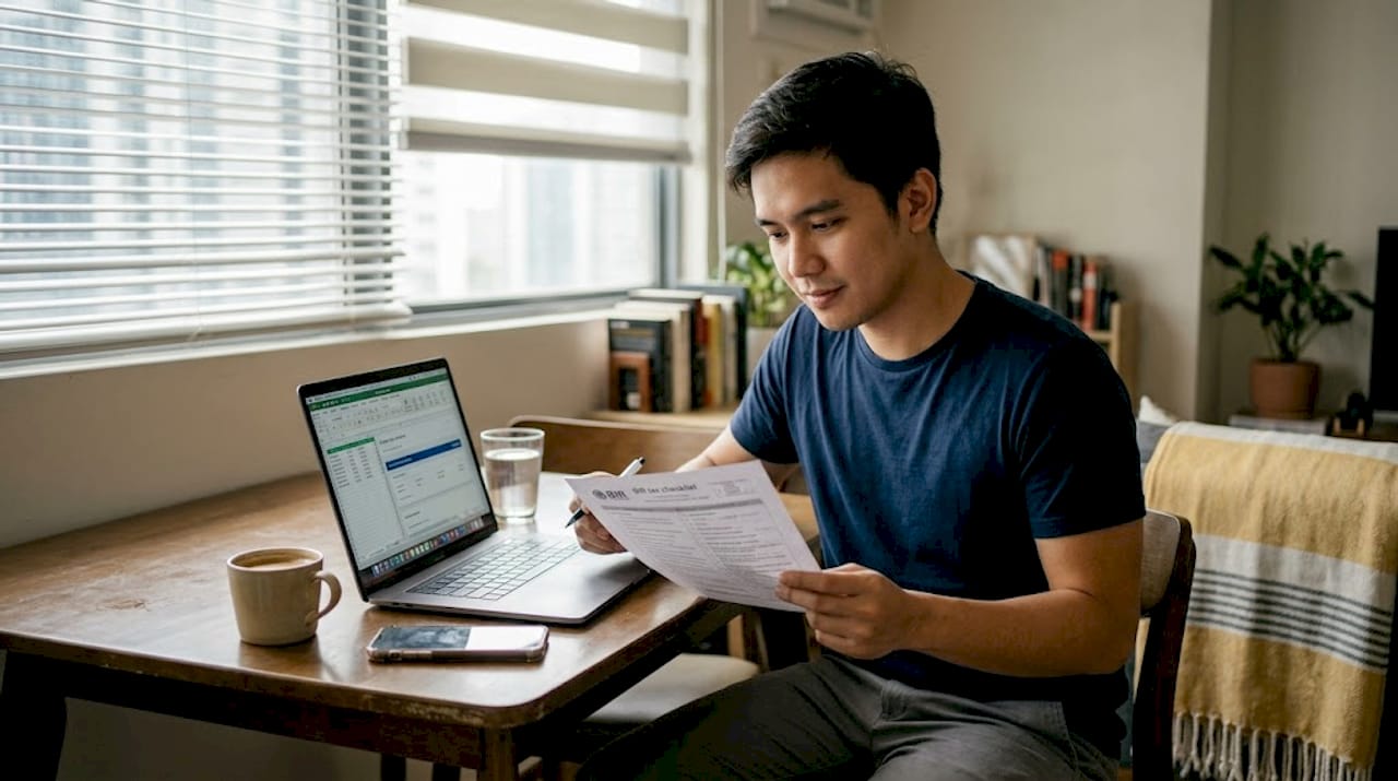Freelancer sorting tax documents at home desk