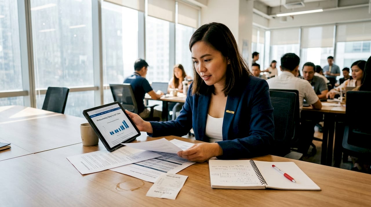 Worker reviewing business tax documents