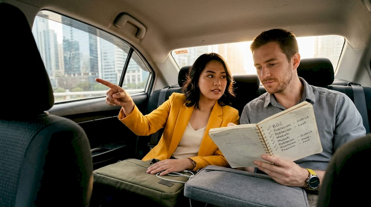 Professionals discuss Manila districts in rideshare car