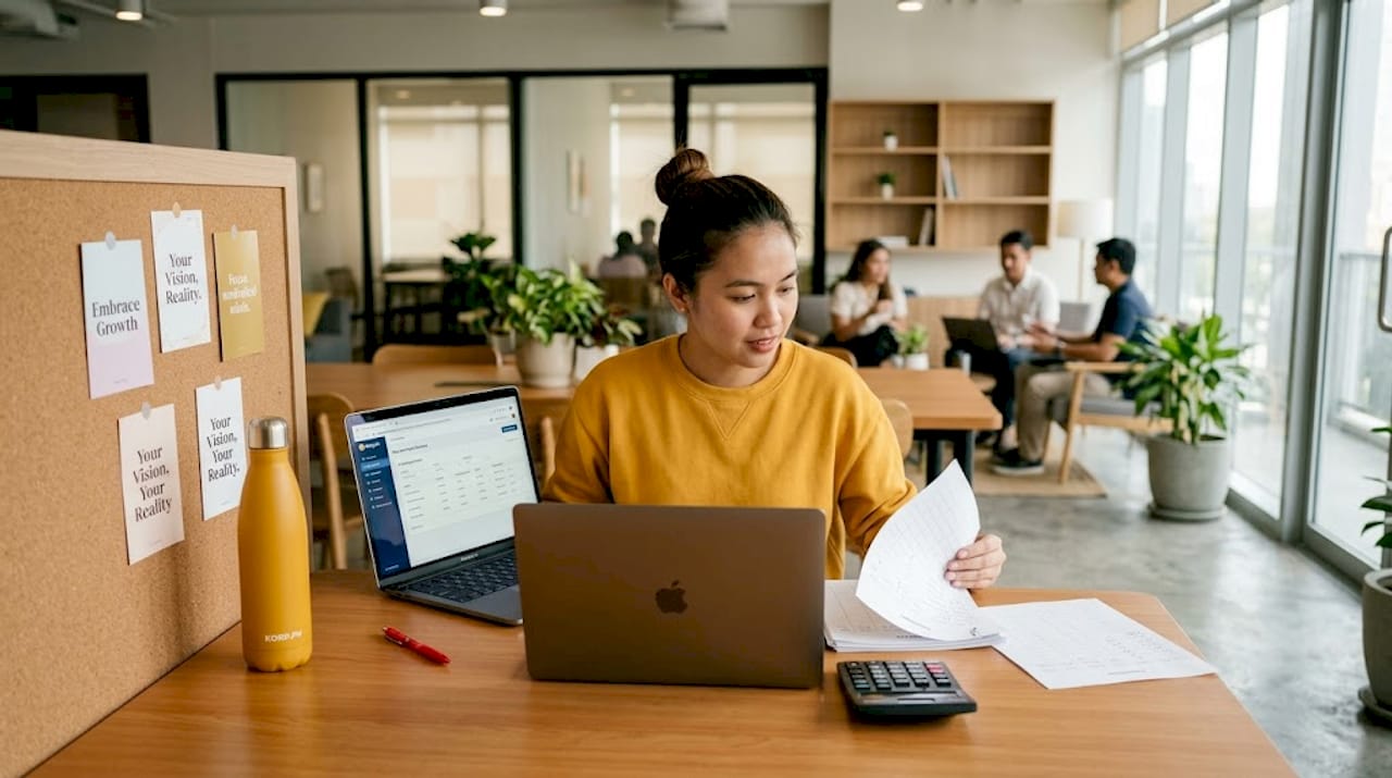Payroll administrator processing employee hours at desk