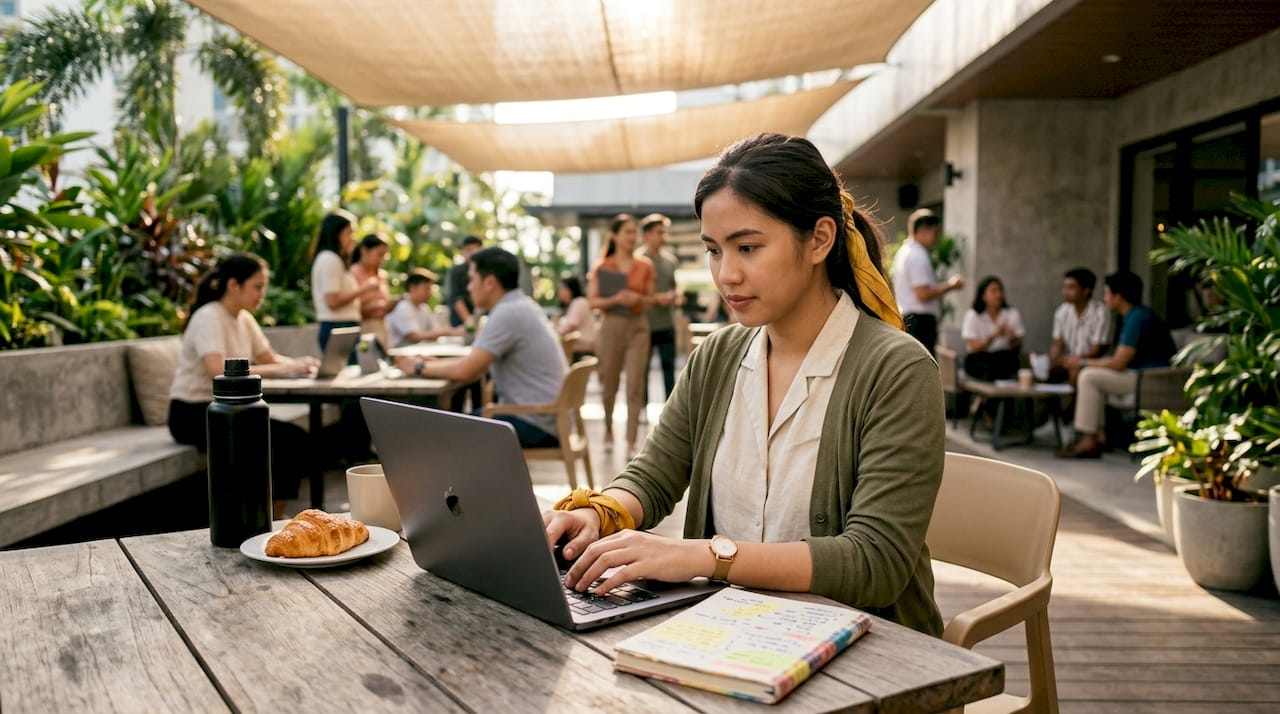 Filipino woman founder working alone in Makati coworking space
