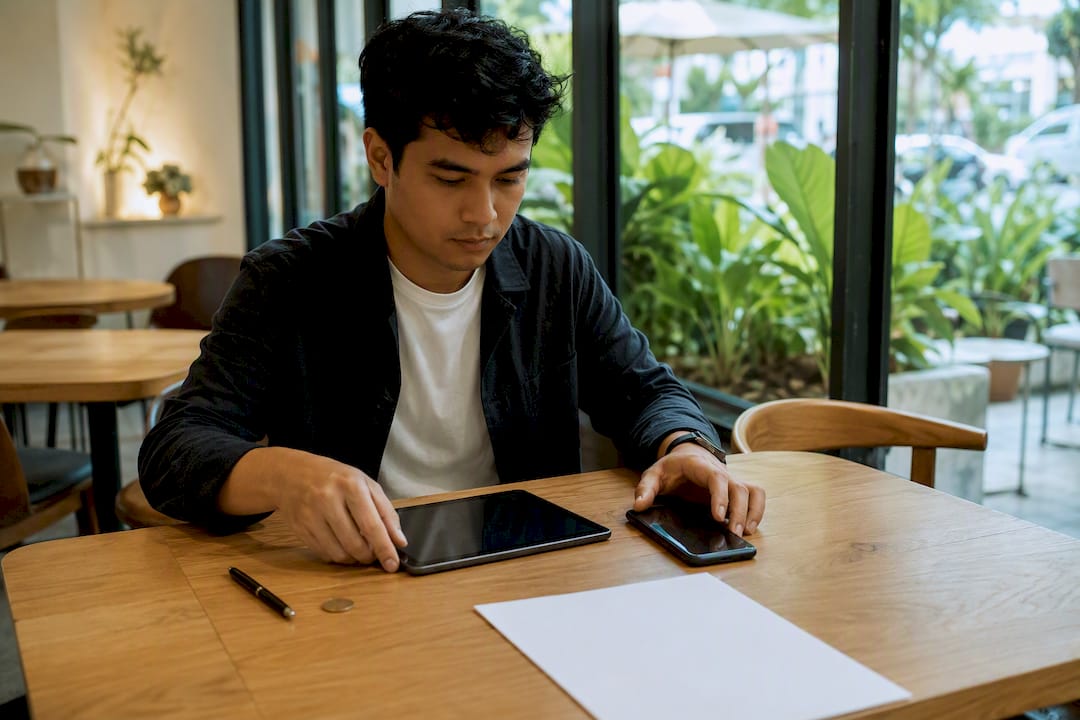 Hands arranging digital devices on desk for bank