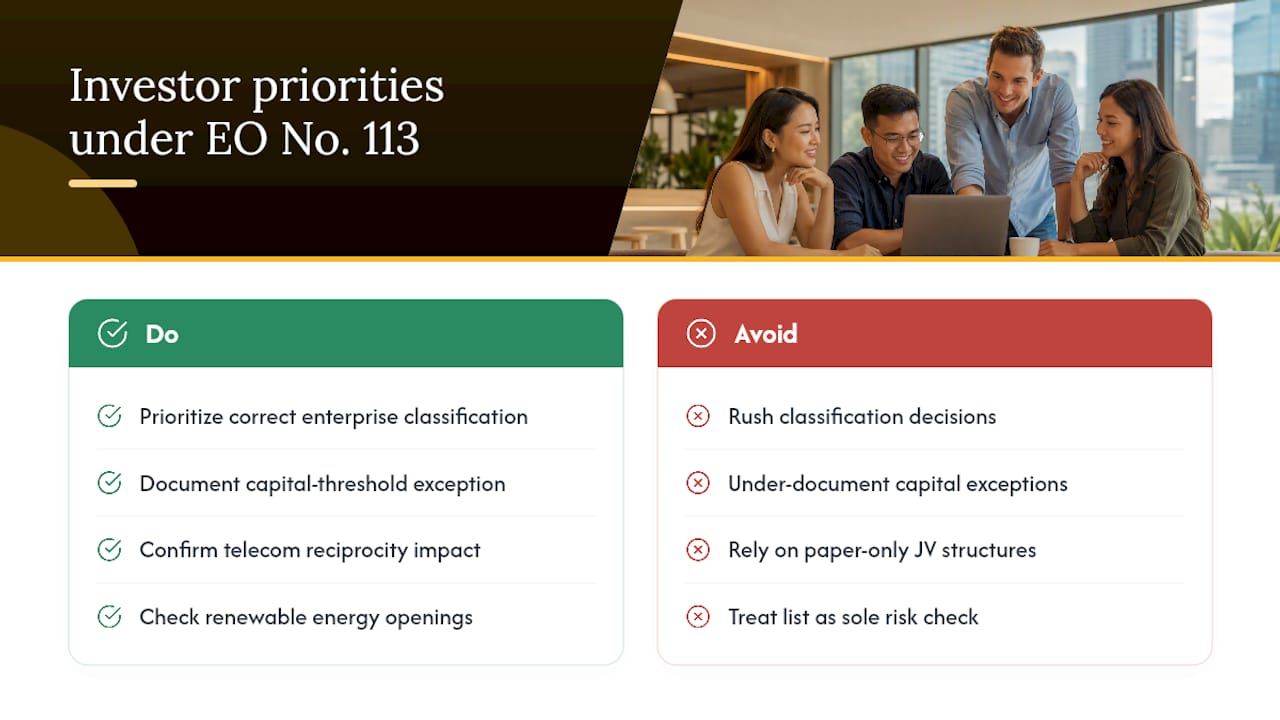 Checklist of investor priorities under EO No. 113, with four points to do and four to avoid