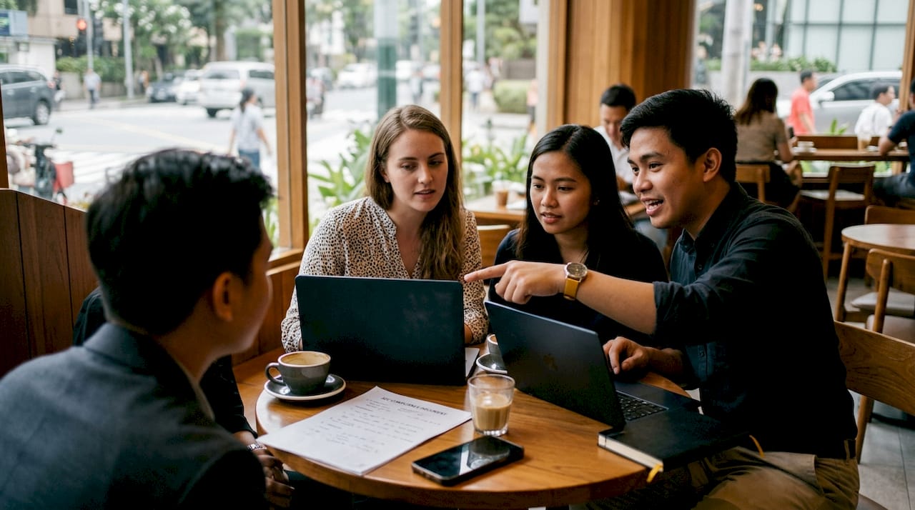 Founders reviewing a document together at a cafe table