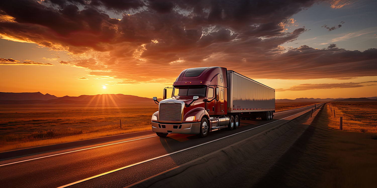 A semi truck driving down a highway at sunset.