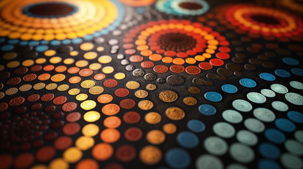 Close-up of colorful circular patterns in shades of orange, red, yellow, blue, and green on a dark textured surface.