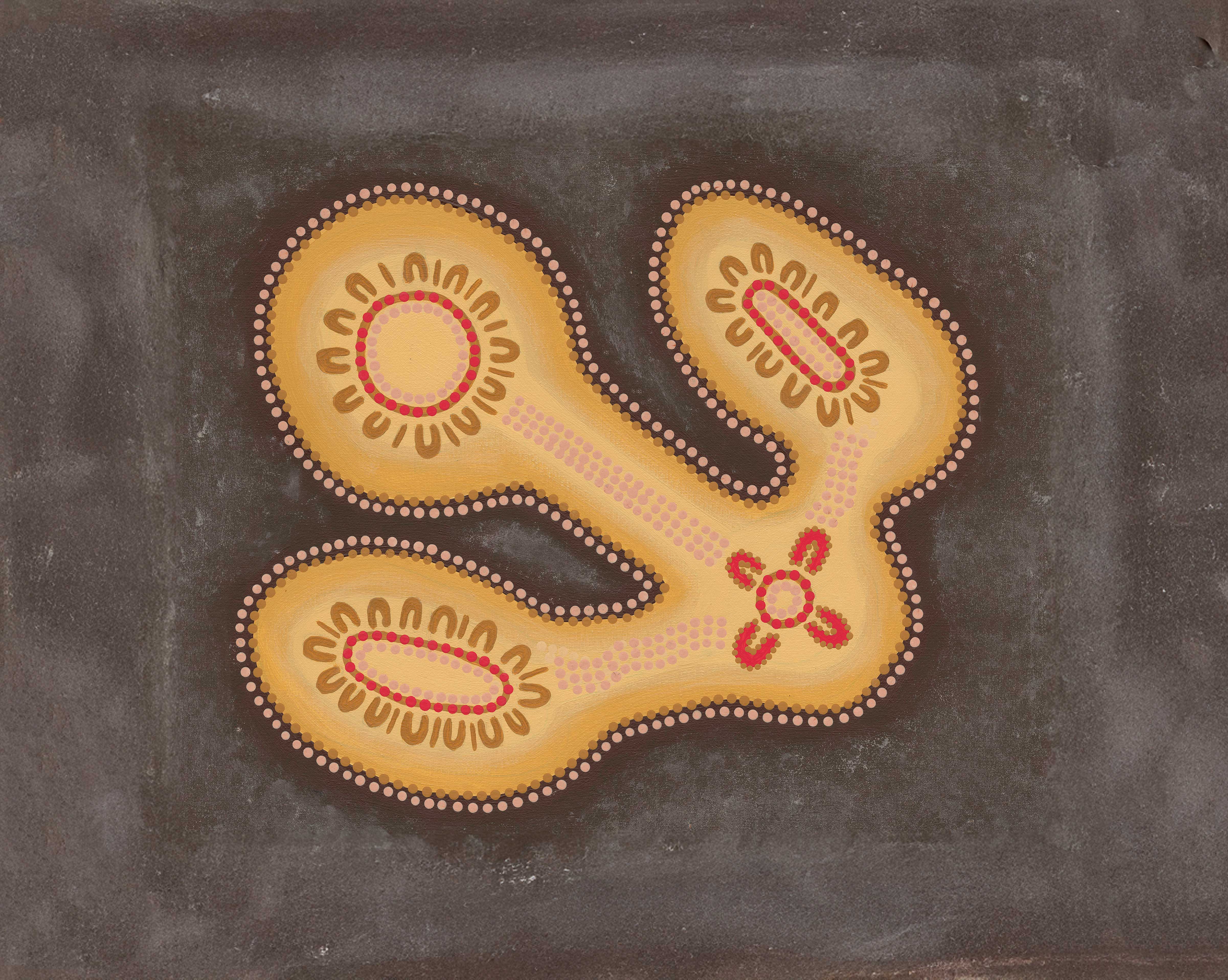 Abstract Aboriginal-style painting featuring three yellow-orange organic shapes connected by dotted lines on a dark background.