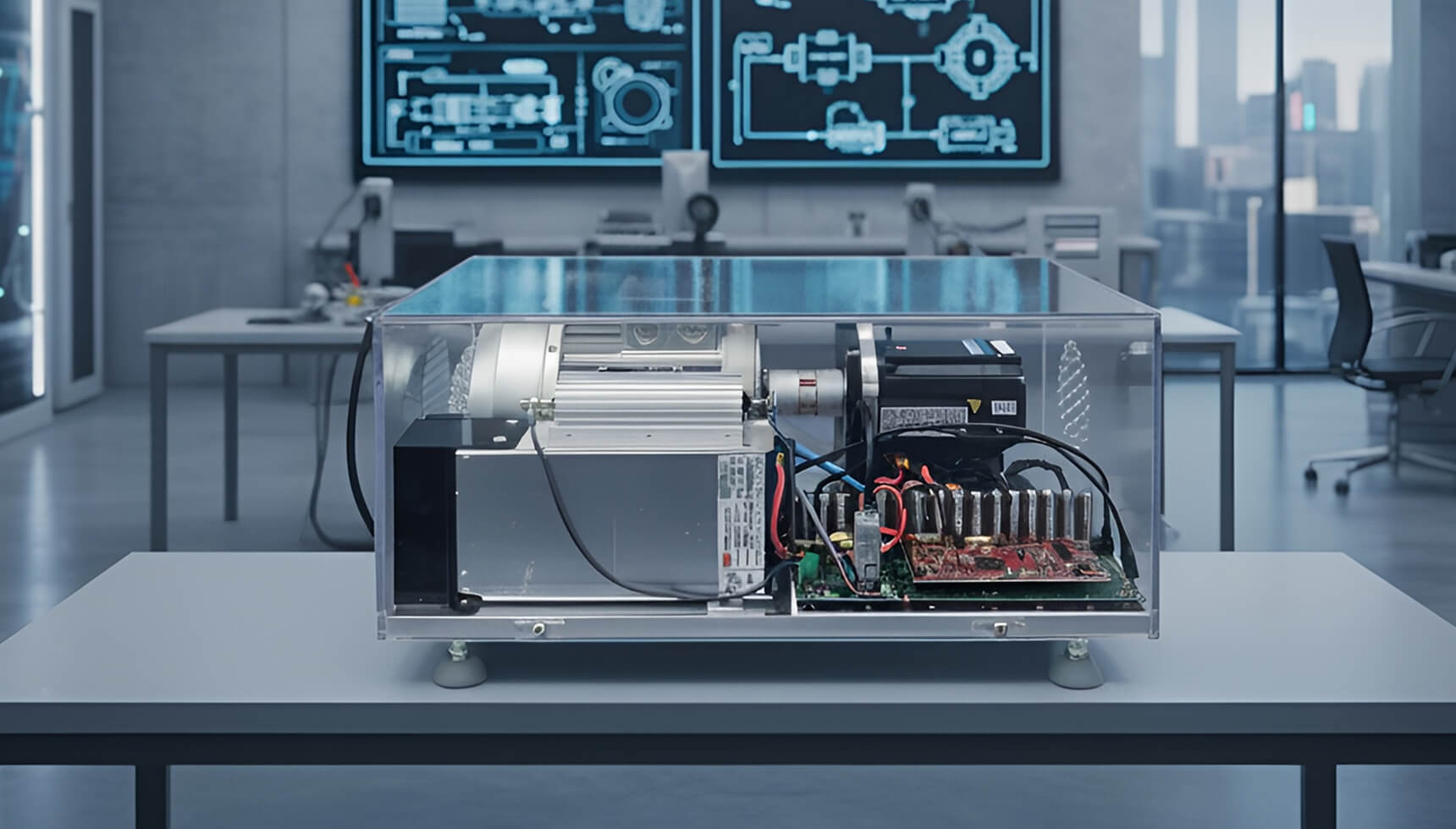 Engineering lab with a transparent enclosure housing electronic and mechanical components on a table.
