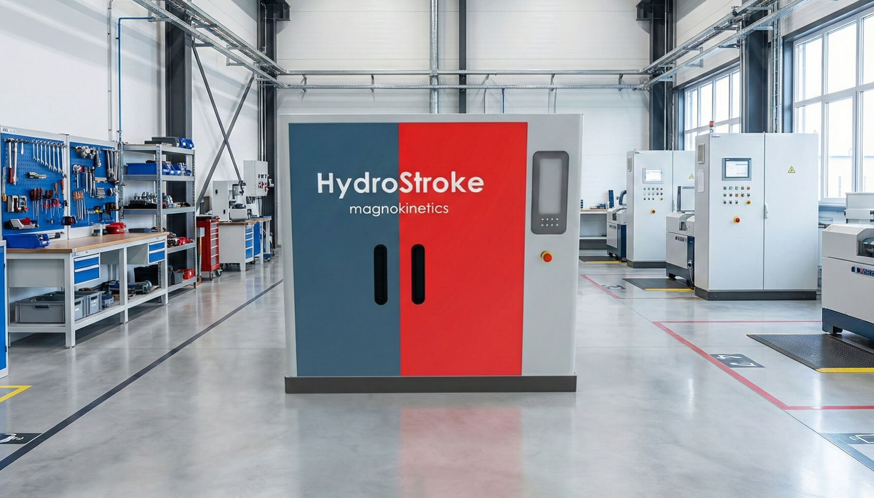 Industrial HydroStroke magnokinetics machine in a clean, well-organized factory workshop.
