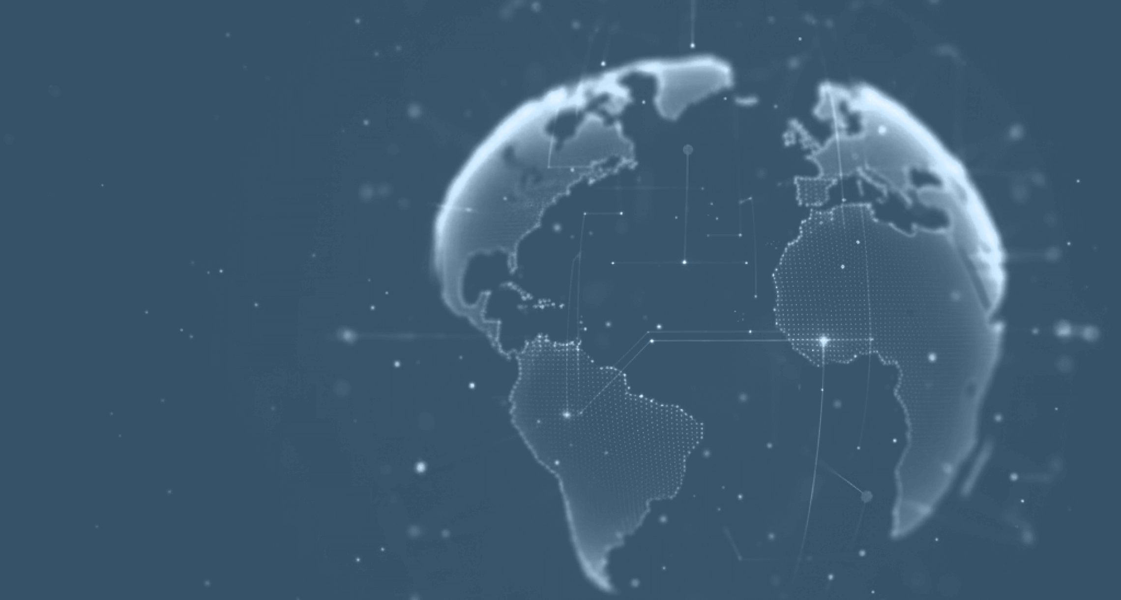 Digital rendering of a globe showing the Americas, Europe, and Africa with glowing dots and network lines representing connectivity.